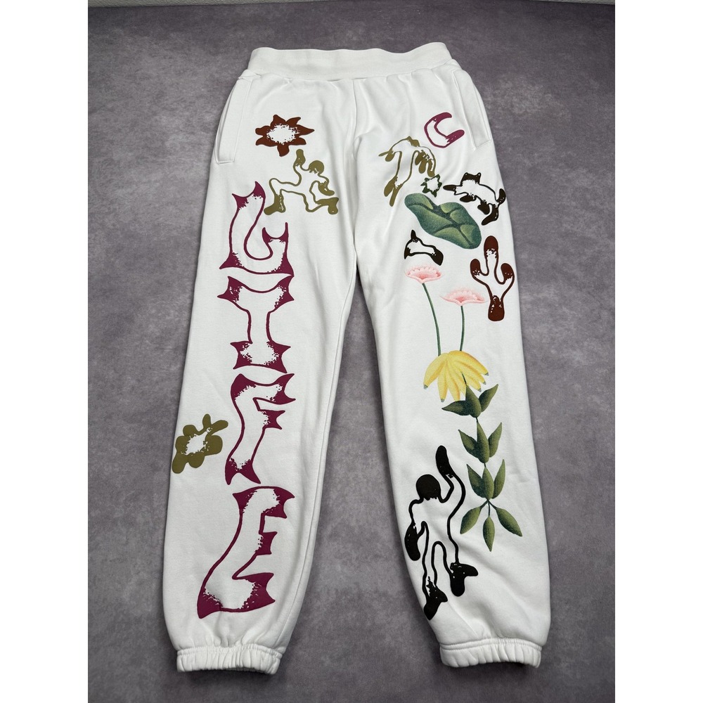 Market Sweatpants‎ Mens Small White Graphic Floral Art Pants Drawstring Casual